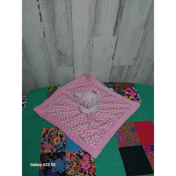 Carters Pink White Polka Dot Plush Elephant Lovey Security Blankie Bow - Picture 1 of 5